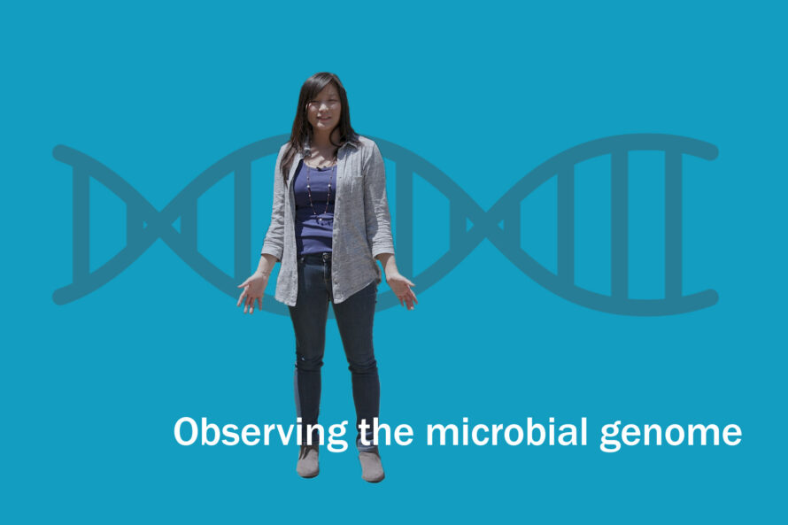 A collage graphic displaying a person in front of a simple DNA shape.